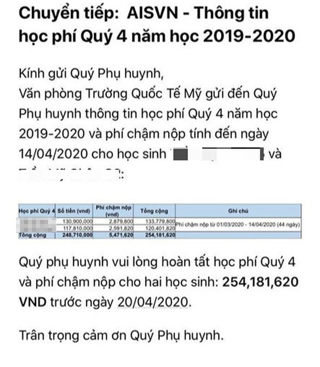 Trường Quốc tế có học phí lên tới gần 700 triệu đồng/năm khiến phụ huynh giật mình vì yêu cầu đóng tiền học Quý 4, thậm chí thêm cả tiền phạt nộp chậm - Ảnh 1.