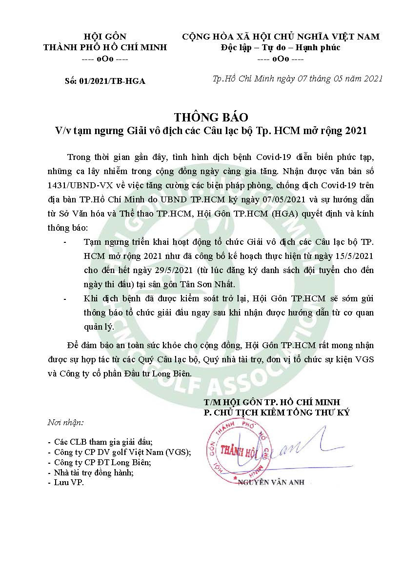 Dừng mọi hoạt động liên quan đến giải gôn Vô địch các CLB TP. Hồ Chí Minh mở rộng 2021 - Ảnh 1.