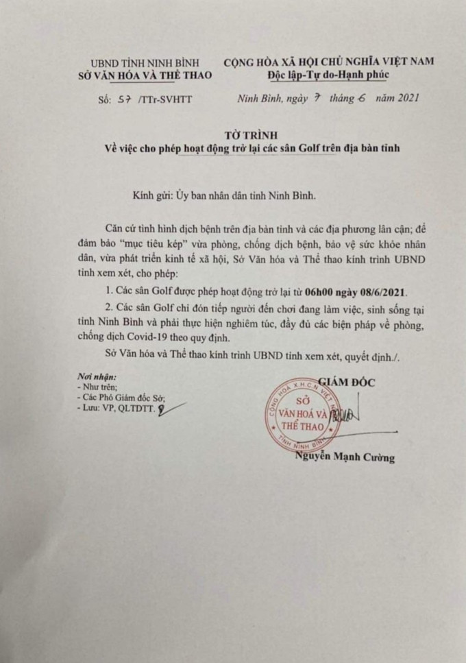 Ninh Bình cho phép sân golf hoạt động trở lại từ ngày 08/6 - Ảnh 1.