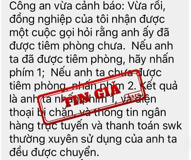 Cuộc gọi hỏi tiêm phòng khiến bị mất tài khoản ngân hàng là tin giả