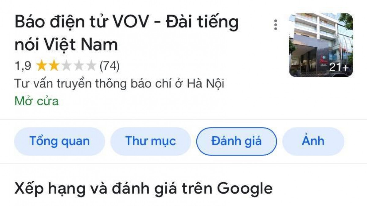 Từ trưa 12/6/2021, toàn bộ các nền tảng mạng xã hội của Báo Điện tử VOV trên Google, Facebook, bị các nhóm đối tượng tổ chức spam, đe dọa và kêu gọi đánh giá 1* (1 sao) trên Google Maps nhằm làm giảm uy tín của báo, đang ở thứ hạng 4,5* bị tụt xuống 1,9* vào chiều 12/6.