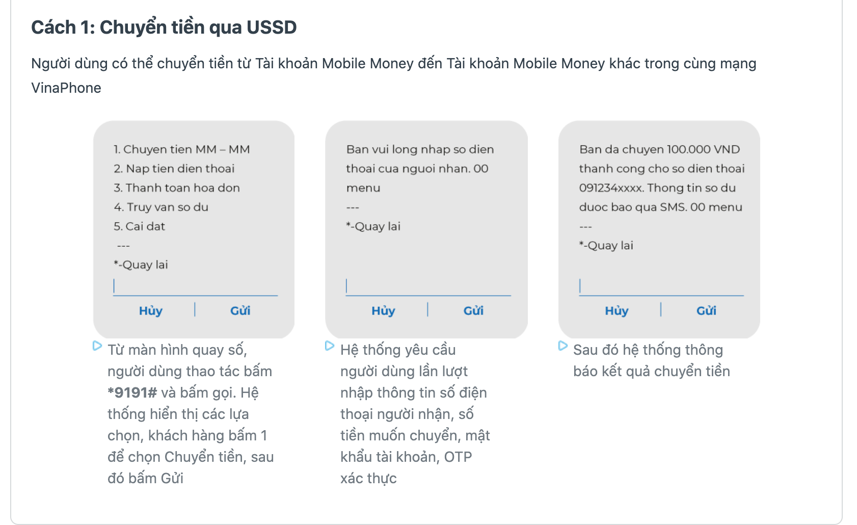 Cách chuyển tiền qua lệnh trên bàn phím của dịch Mobile Money do VNPT cung cấp. Ảnh: VNPT.