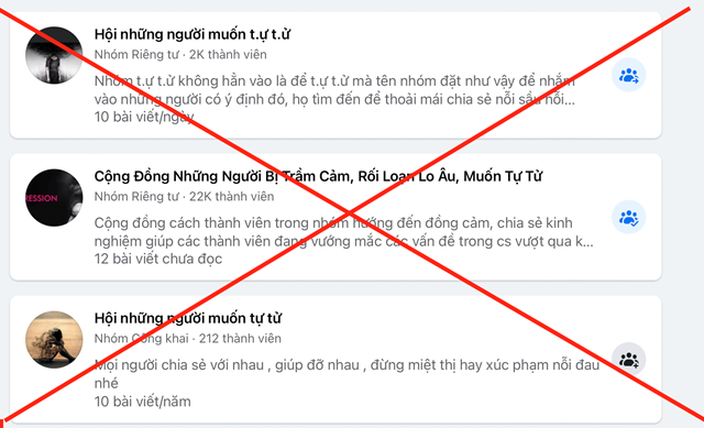 Hàng loạt hội nhóm muốn tự tử xuất hiện nhan nhản trên facebook. Ảnh chụp màn hình.