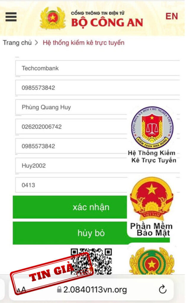 Giả mạo Cổng thông tin điện tử Bộ Công an để lừa đảo