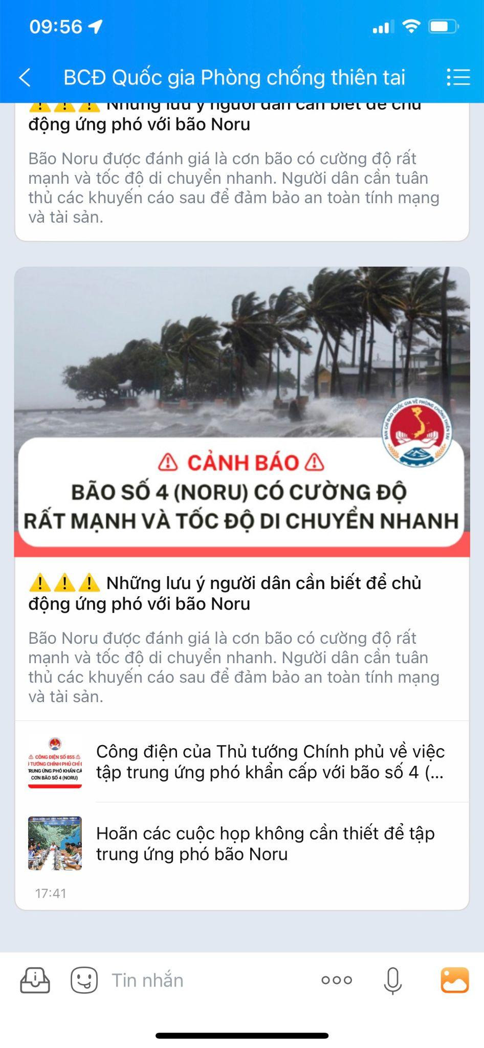 Theo dõi tin khẩn về bão Noru qua tài khoản Zalo chính thức của các tỉnh miền Trung - Ảnh 1.