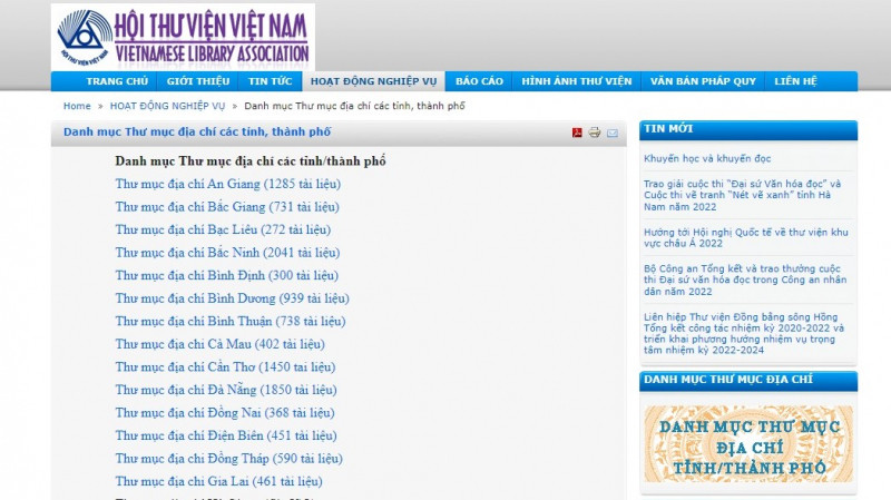 Danh mục Thư mục địa chí các tỉnh, thành phố vừa được khai trương trên trang web của Hội Thư viện Việt Nam. Ảnh chụp màn hình