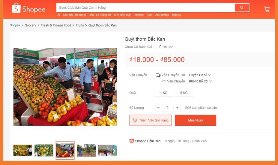 Sản phẩm quýt Bắc Kạn trên sàn TMĐT Shopee. Ảnh minh họa