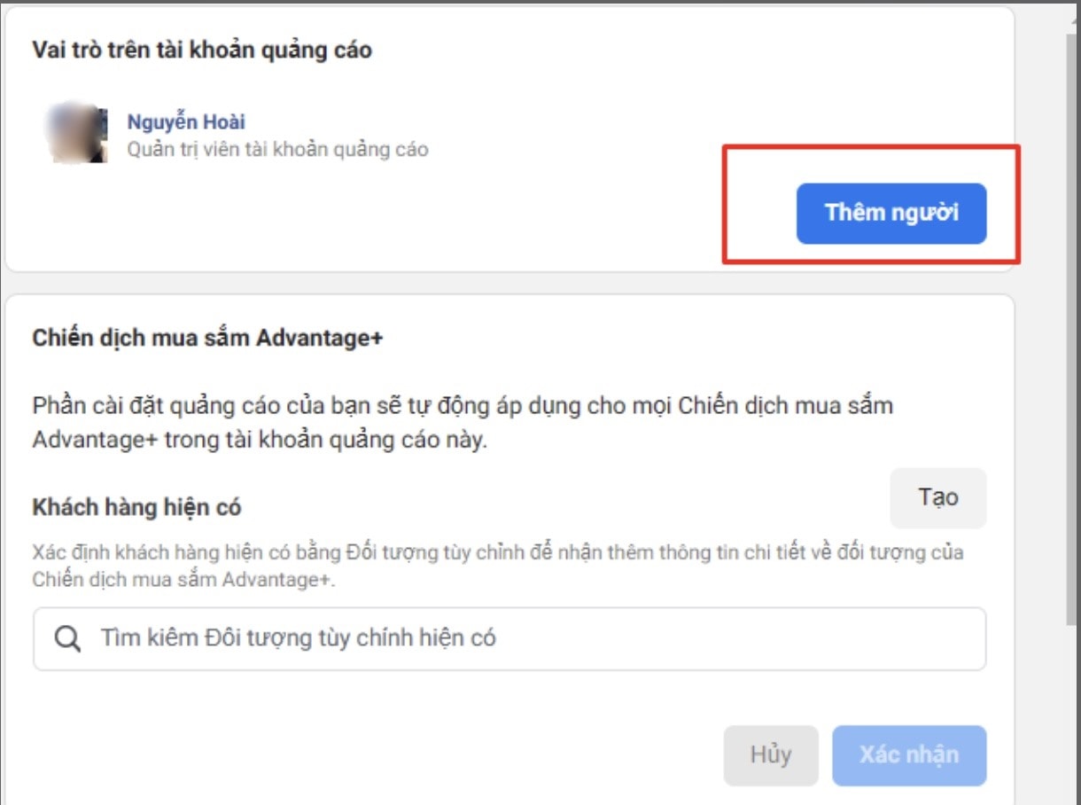 Kẻ gian sẽ sử dụng tính năng thêm người cùng quản trị số tiền trong tài khoản quảng cáo của chị Hoài để dễ dàng sử dụng về sau. Ảnh: Nhân vật cung cấp.