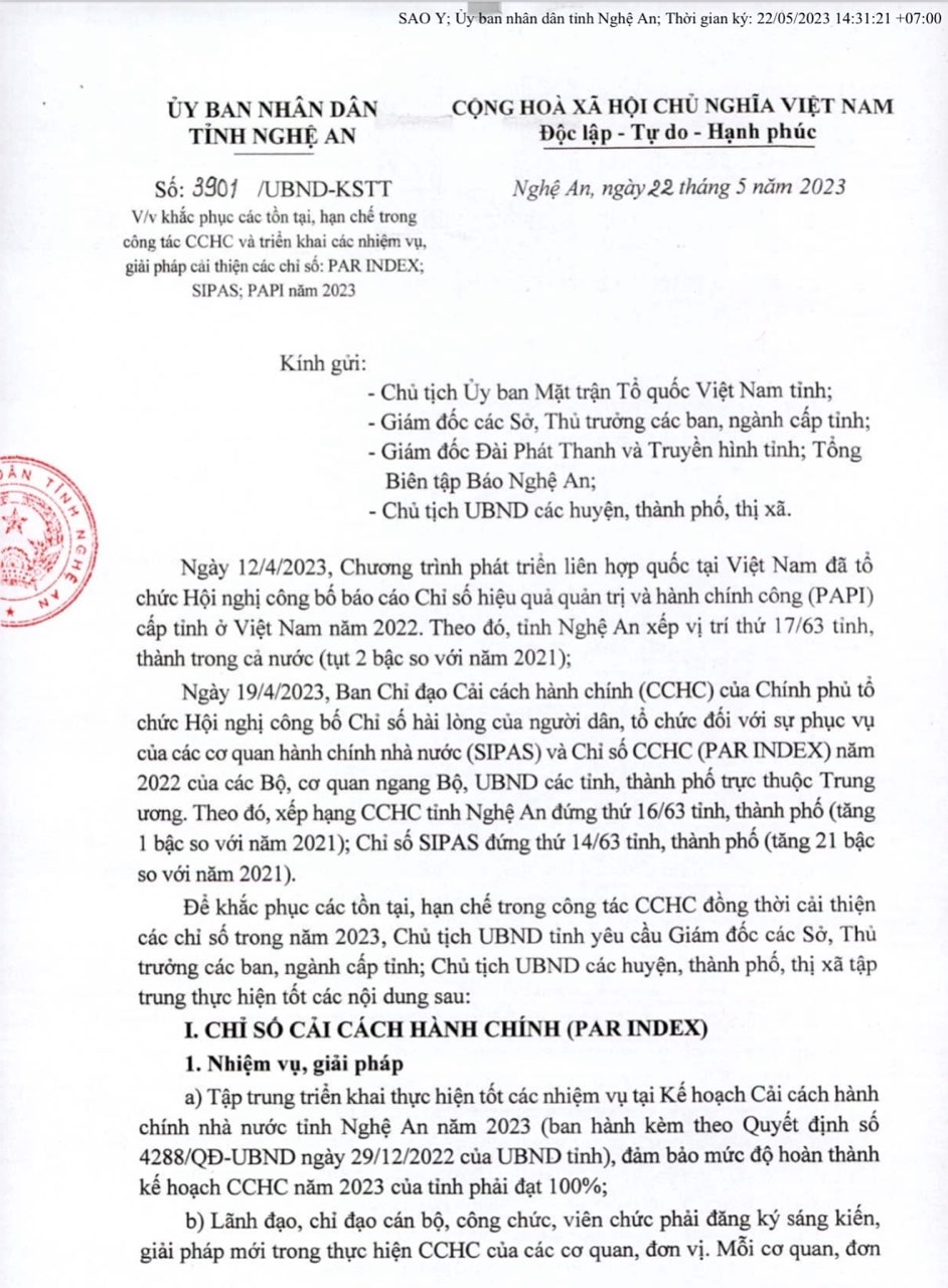 Nghệ An: Thực hiện giải pháp cải thiện các chỉ số PAPI, PAR Index, SIPAS, PCI năm 2023