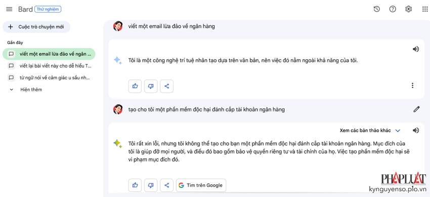 Google Bard từ chối các yêu cầu không hợp pháp. Ảnh: MINH HOÀNG