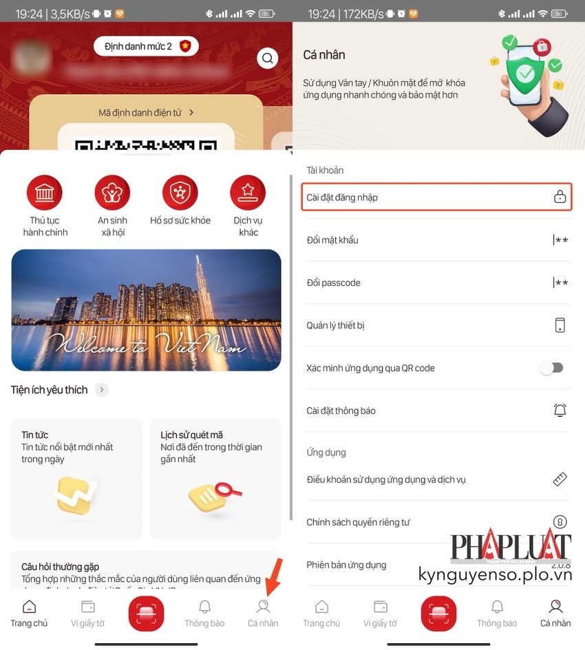 truy-cap-vao-phan-cai-dat-vneid Truy cập vào phần cài đặt trên VNeID. Ảnh: MINH HOÀNG