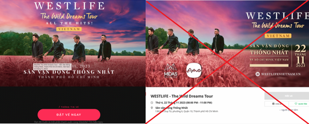 Trang ticketb0x.com (phải) là website giả mạo, bắt chước theo Ticketbox (ticketbox.vn) bán vé concert Westlife nhằm chiếm đoạt tài sản.