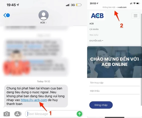 Tin nhắn giả mạo dụ người dùng truy cập vào website giả mạo ngân hàng để đánh cắp thông tin, tài sản. Ảnh: TIỂU MINH