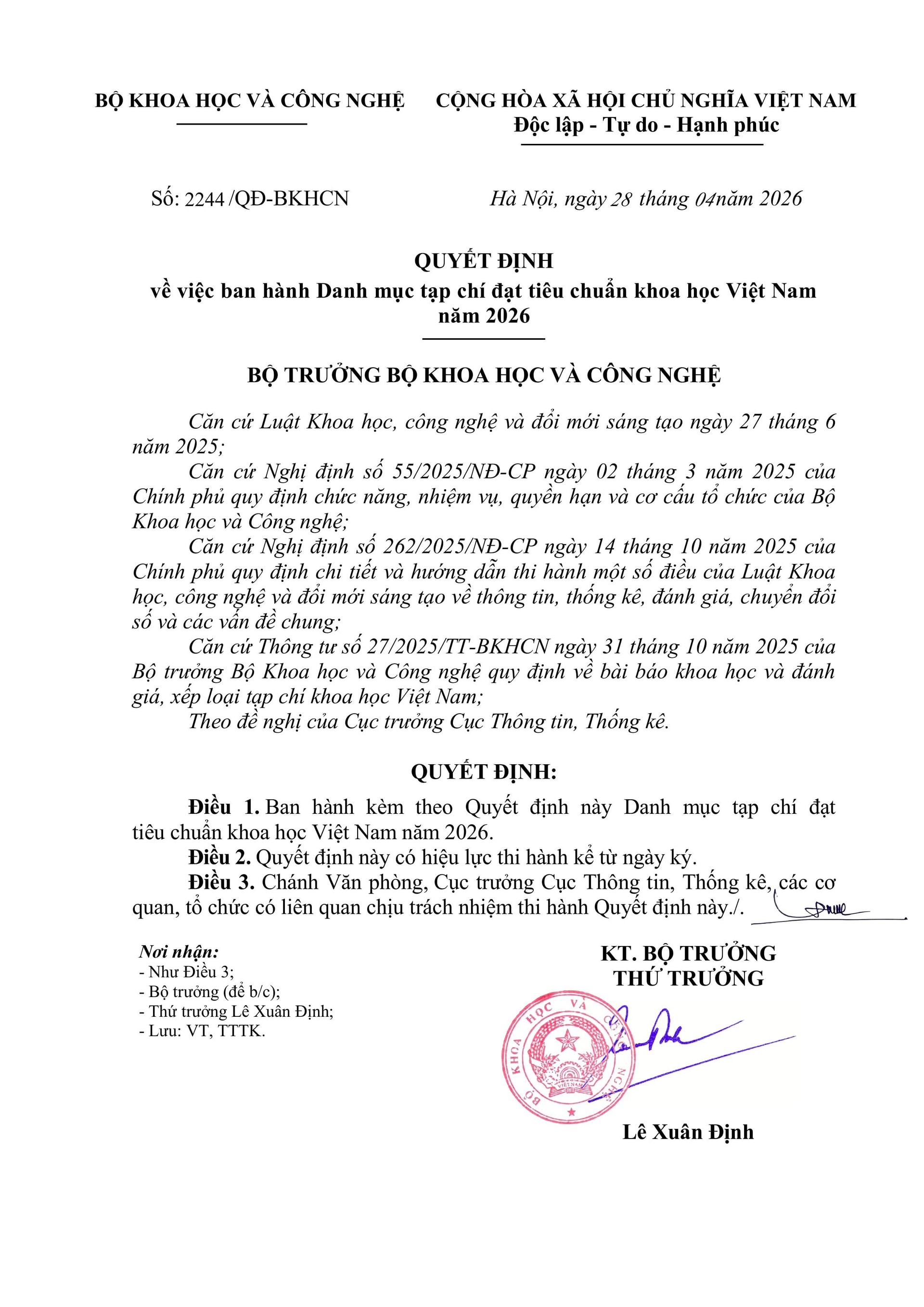 Quyết định ban hành Danh mục Tạp chí đạt tiêu chuẩn khoa học Việt Nam 2026_28_4