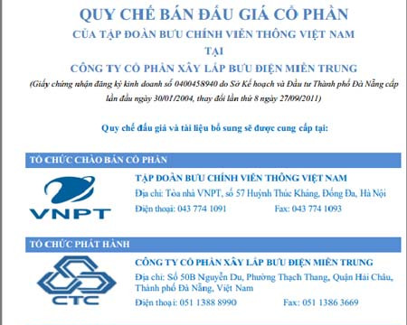  Bán đấu giá 150.000 cổ phần của VNPT tại Công ty CP Xây lắp Bưu điện Miền Trung 