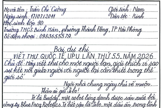 Toàn văn bức thư mang thông điệp “kết nối con người thông qua công nghệ” đạt giải Nhất viết thư UPU 55