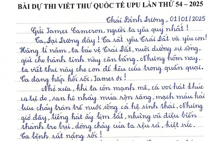 “Lời thỉnh cầu của Đại Dương” đạt giải Nhất cuộc thi viết thư UPU 54