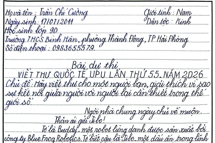 Toàn văn bức thư mang thông điệp “kết nối con người thông qua công nghệ” đạt giải Nhất viết thư UPU 55